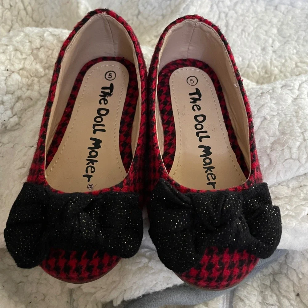 The Doll Maker Girls Red Houndstooth Bow Ballet Flats slip on‎ Shoes bow Size 5